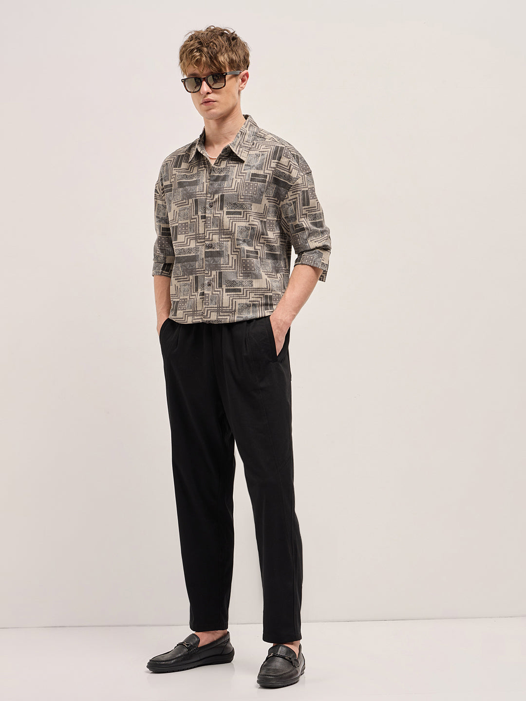 Men Beige Geometric Printed Relax Fit Casual Shirt