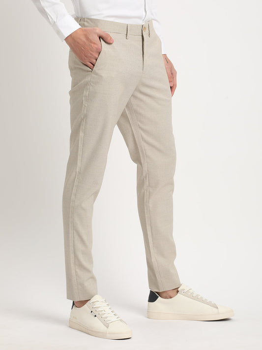 Men Beige Self Design Slim Fit Formal Trouser