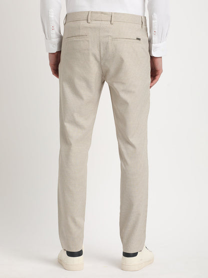Men Beige Self Design Slim Fit Formal Trouser