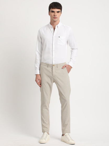 Men Beige Self Design Slim Fit Formal Trouser