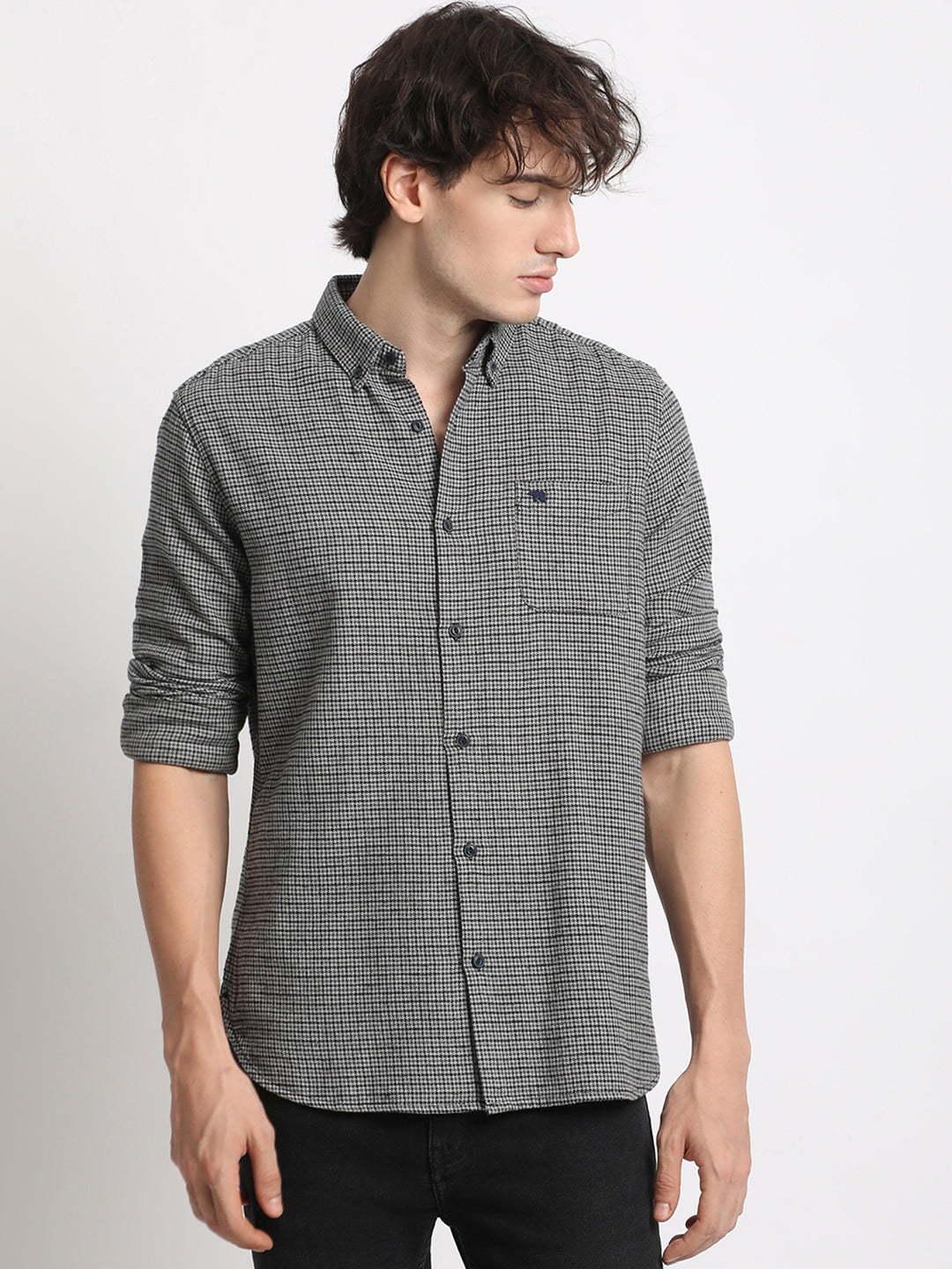 Men  Grey Checked Slim Fit Cotton Casual Shirt