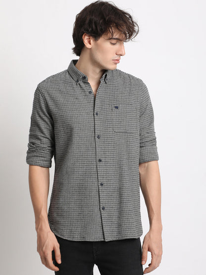 Men  Grey Checked Slim Fit Cotton Casual Shirt