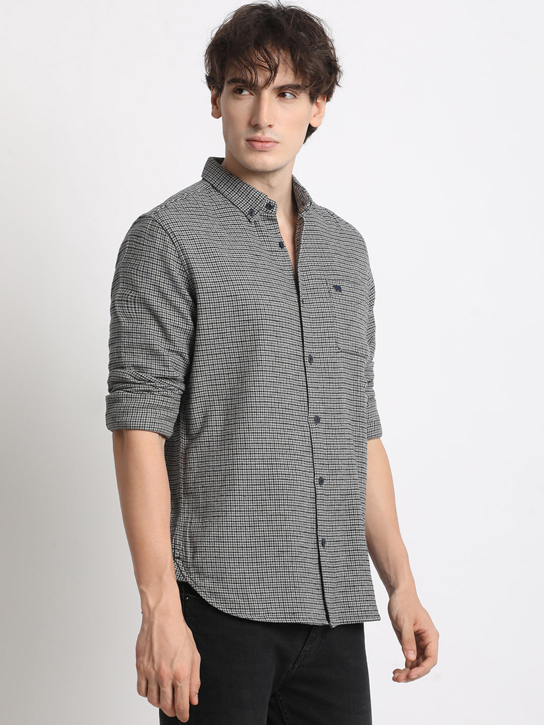 Men  Grey Checked Slim Fit Cotton Casual Shirt