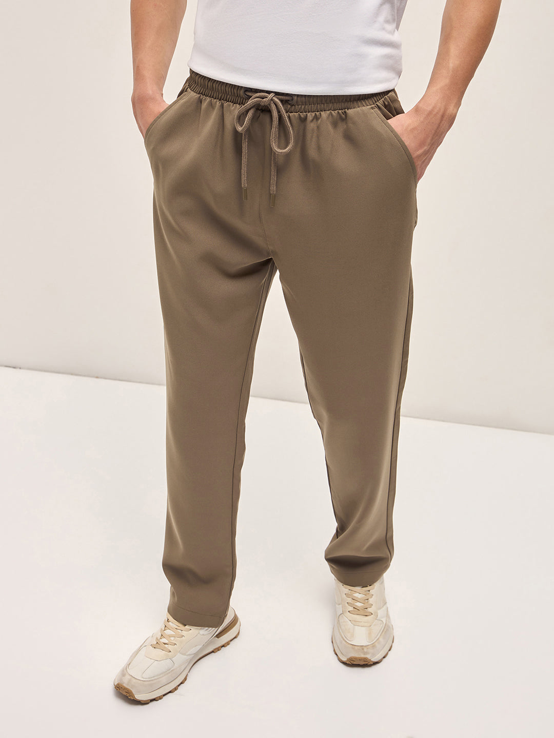 Men Beige Classic Korean-Inspired Elastic Waist Casual Trouser