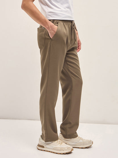 Men Beige Classic Korean-Inspired Elastic Waist Casual Trouser