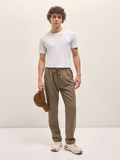 Men Beige Classic Korean-Inspired Elastic Waist Casual Trouser