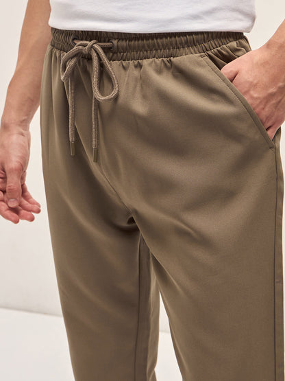 Men Beige Classic Korean-Inspired Elastic Waist Casual Trouser
