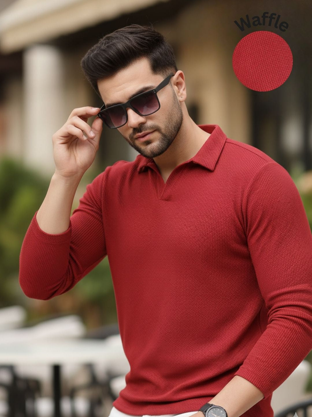 Men Maroon Waffle Knit T-shirt
